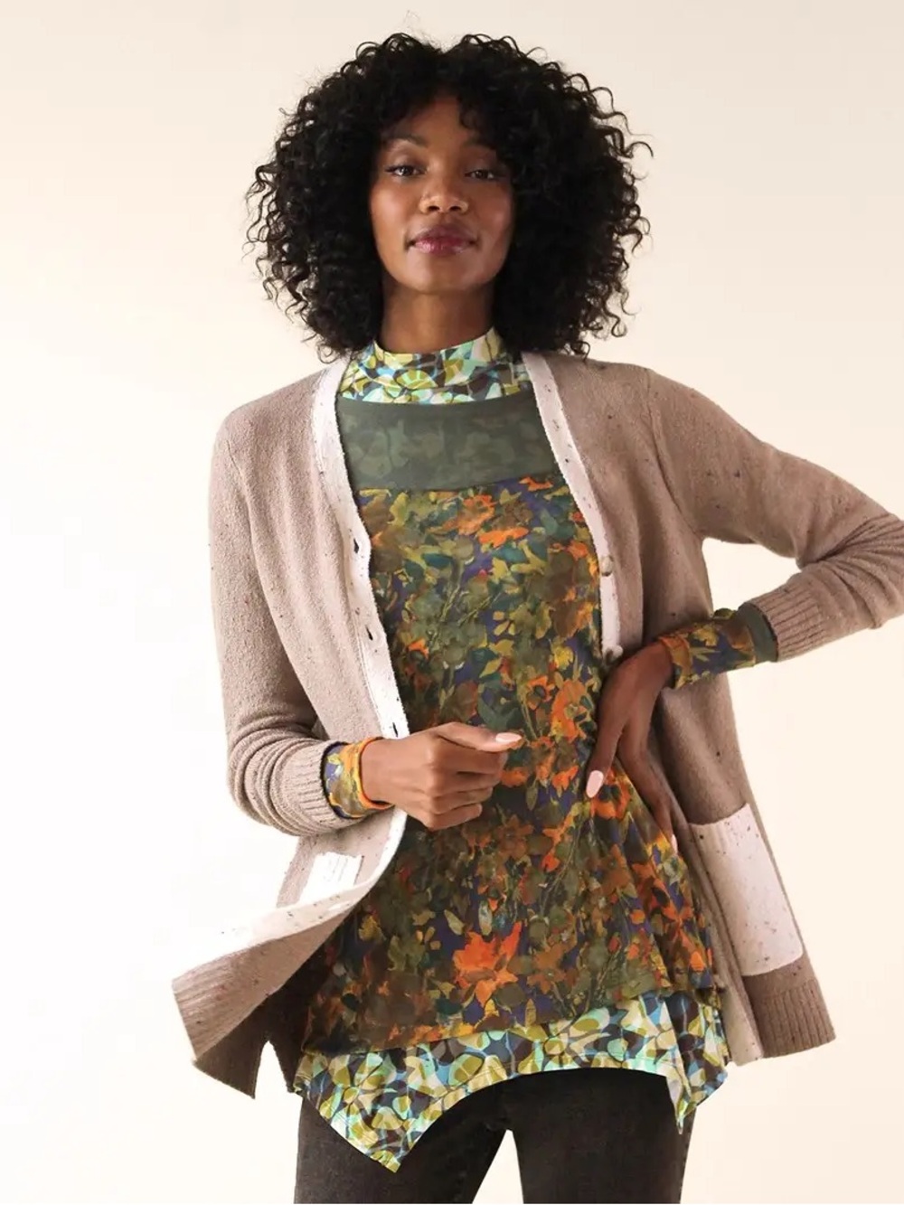 LOGO by Lori Goldstein Color Blocked Speckled Knit Cardigan A457340 1X NWT
